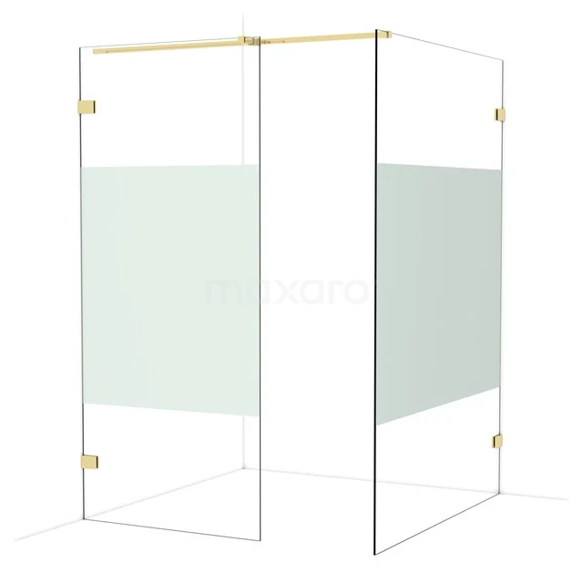 Glass shower cabin with gold accents and matte white strips, modern design for luxury bathroom decor.