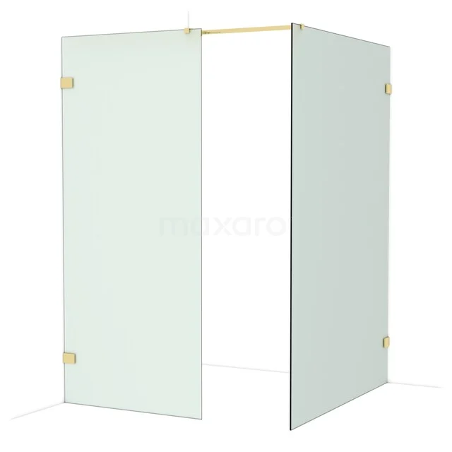 Glazen douchewand met hoekopstelling, goudkleurige scharnieren, minimalistisch design, ideaal voor een moderne badkamer.