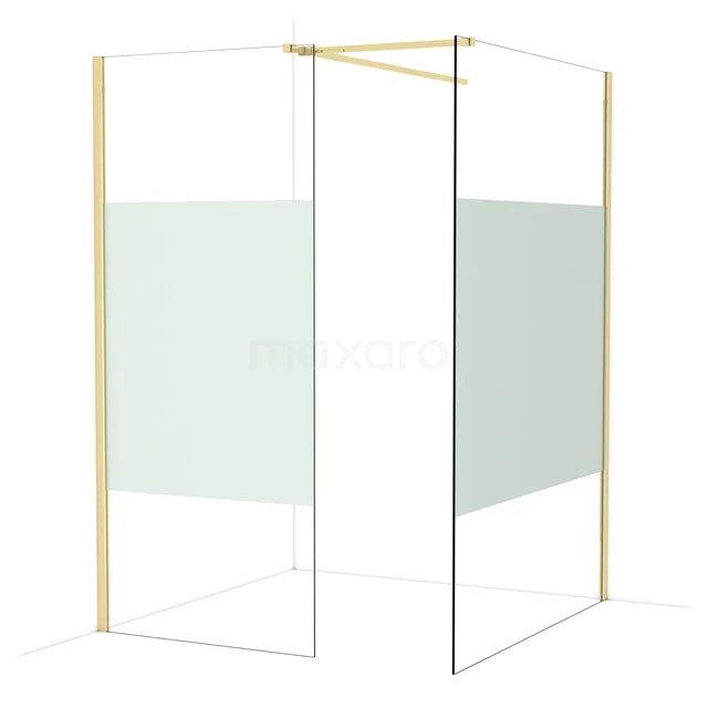 Diamond Walk-in shower | 140x90 cm Glossy light gold Clear with matt strip 2 fixed walls IDB0914513GLG Gouden douchehoek met minimalistisch glazen design, ideaal voor moderne badkamerinrichting.