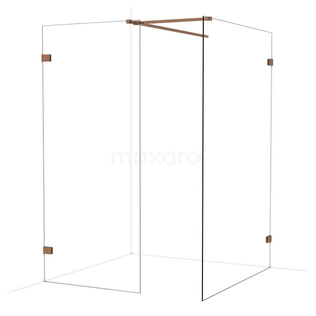Douchewand set met hoekopstelling, transparant glas, messing kleurige details; modern design voor luxe badkamer.