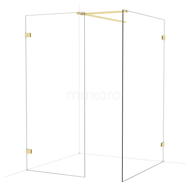 Diamond Walk-in shower | 140x90 cm Glossy light gold Clear glass 2 fixed walls IDB0914520GLG Glazen hoekdouche met goudkleurige beslag en stabilisatiearm, elegant ontwerp voor een moderne badkamerstijl.