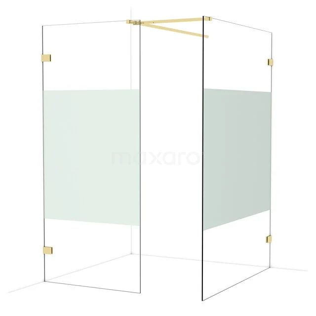 Diamond Walk-in shower | 140x90 cm Glossy light gold Clear with matt strip 2 fixed walls IDB0914523GLG Douchewand met goudkleurige details, minimalistisch design, glas met mat witte strook, ideaal voor een moderne badkamerstijl.