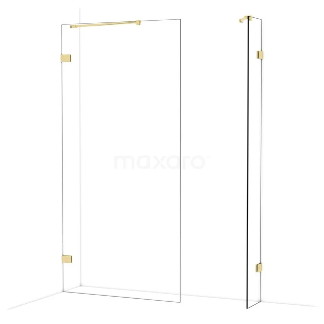 Shower wall with door, glass design with gold-coloured hinges, perfect for a modern bathroom style.