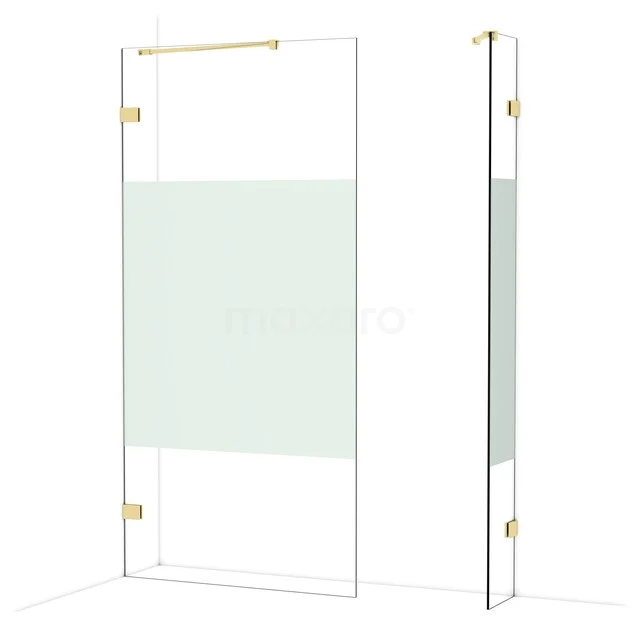 Glazen inloopdouche met goudkleurige accenten, moderne stijl en matglas geschikt voor minimalistische badkamers.