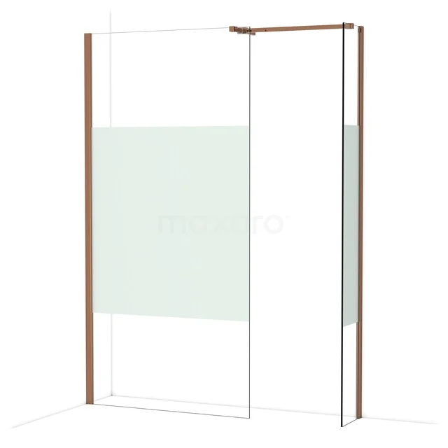 Duschwand mit kupferfarbenem Rahmen, schlankem Glasdesign und Mattglasstreifen, ideal für ein modernes Badezimmer.