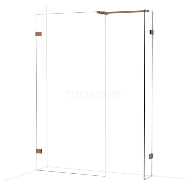 Glazen douchewand met hoekconstructie, heldere panelen en goudkleurige details, ideaal als moderne badkameroplossing.