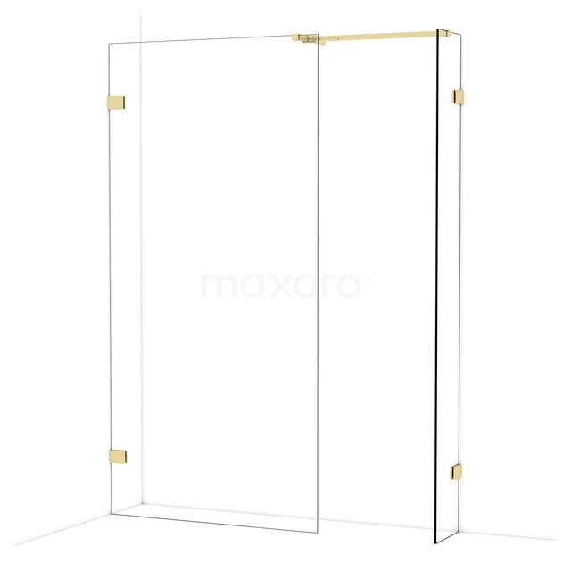 Douchewand met goudkleurige accenten, helder glas, minimalistisch design; ideaal voor een stijlvolle badkamerinrichting.