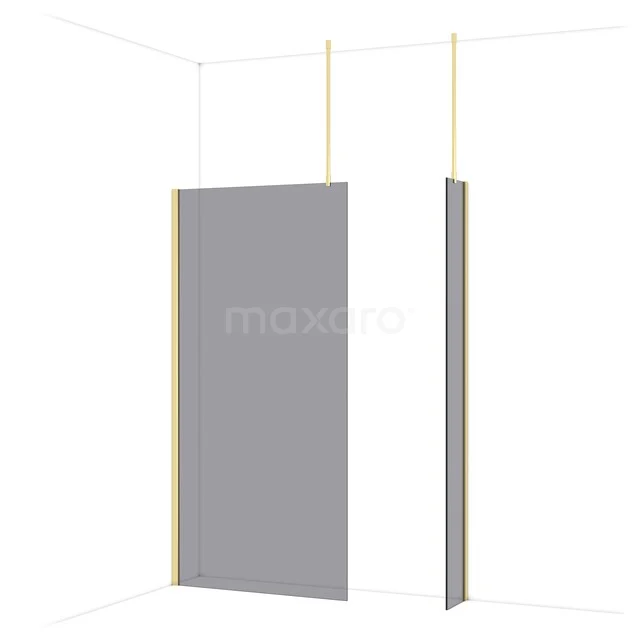 Grey walk-in shower wall with gold-coloured profiles, modern design, ideal for a stylish and luxurious bathroom appearance.