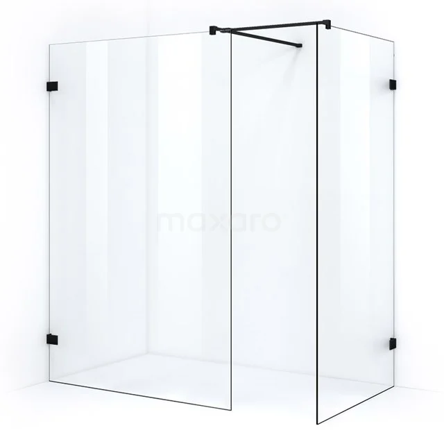 Quartz Walk-in shower | 140x90 cm Matte black Clear glass 2 fixed walls IQB1409500M Corner shower enclosure made of clear glass with black profiles, modern design; ideal solution for stylish bathroom design.