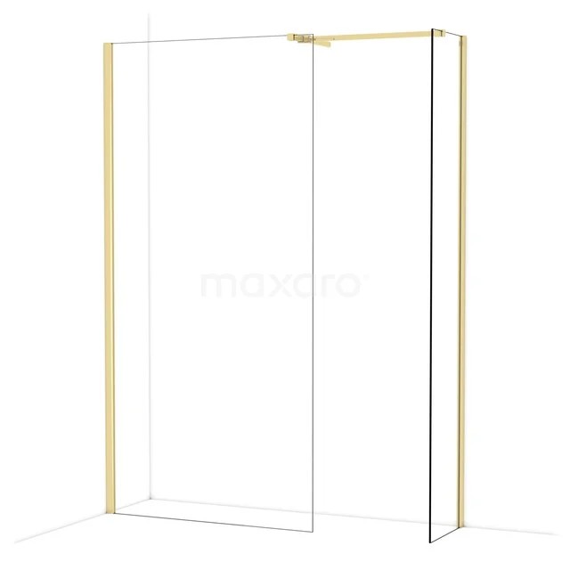 Goudkleurige inloopdouchewand met strakke ramen en minimalistisch ontwerp, ideaal voor moderne badkamerinrichtingen.