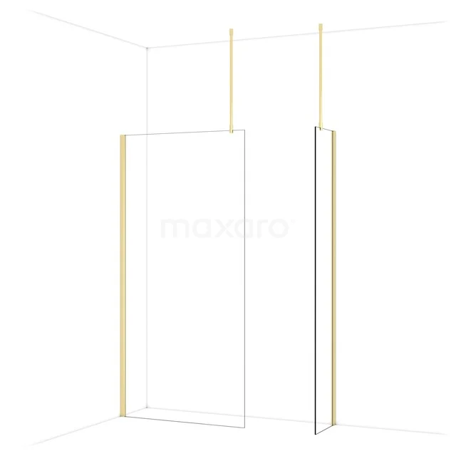 Minimalist glass shower wall with gold-coloured aluminium profiles, ideal for a modern bathroom.