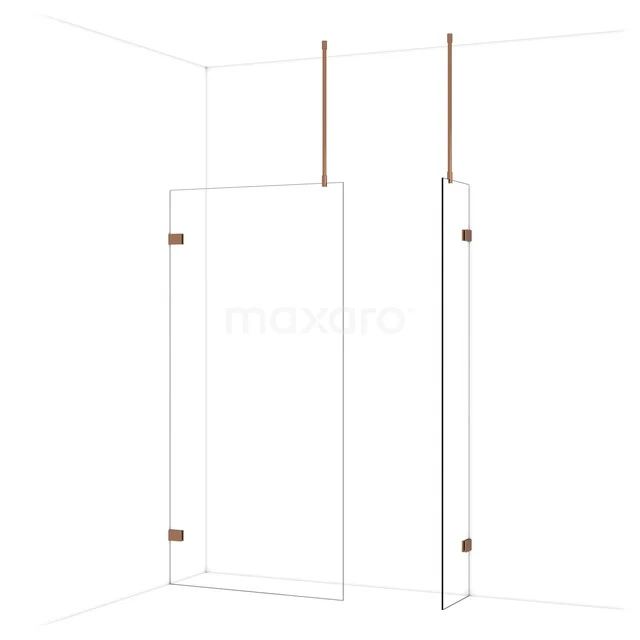 Glazen douchewand met koperkleurige scharnieren, minimalistisch design, ideaal voor een moderne badkamer.