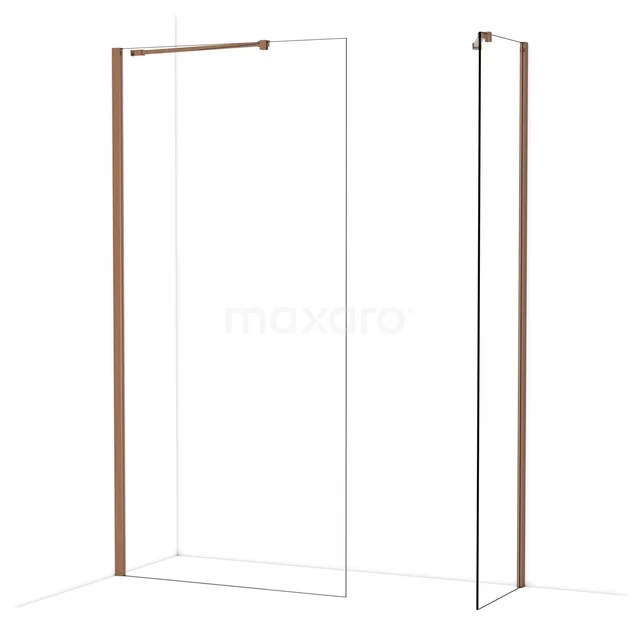 Douchewand van helder glas met koperkleurige profielen, minimalistisch design, ideaal voor moderne badkamers.