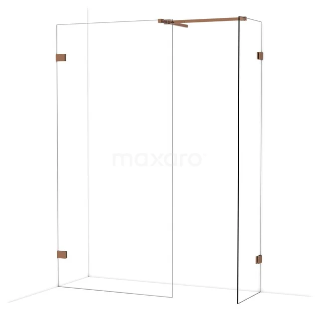 Transparante douchewand met goudkleurige scharnieren, hoekopstelling, modern design; ideaal voor een stijlvolle badkamer.