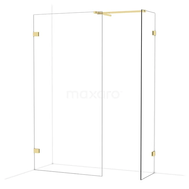 Duschwand mit Klarglas, goldfarbene Scharniere, straff modernes Design; ideal für luxuriöse Badezimmergestaltung.