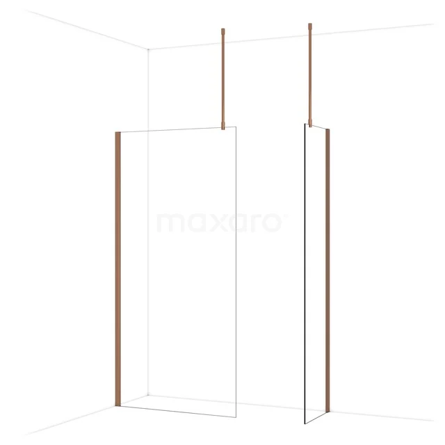 Douchewand met slank koperkleurig frame, modern ontwerp, perfect voor een elegante badkamerinrichting.