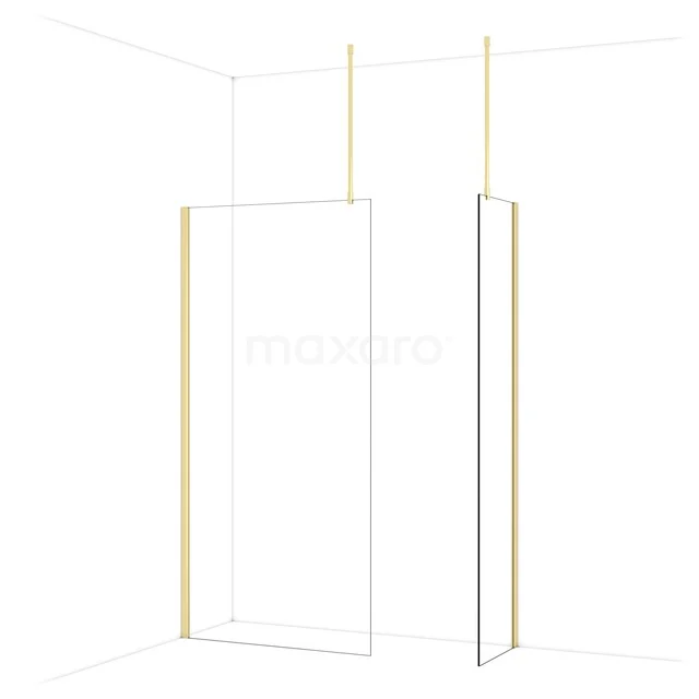 Glass shower wall with gold-coloured profiles, sleek design, ideal for a modern bathroom decor.