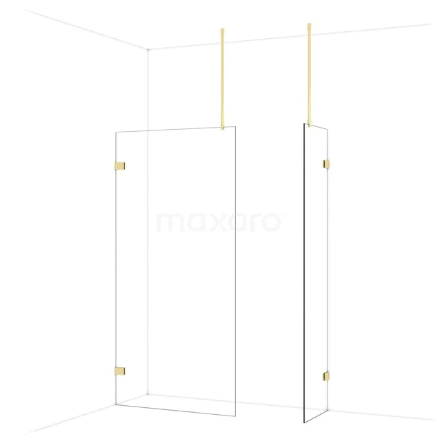 Glazen douchewand met goudkleurige beslag, minimalistisch design voor een luxe badkamer uitstraling.