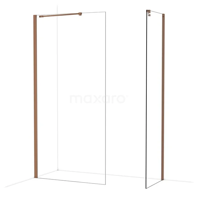 Duschwand mit kupferfarbenen Akzenten, Klarglas und minimalistischem Design, perfekt für einen modernen Badezimmerstil.