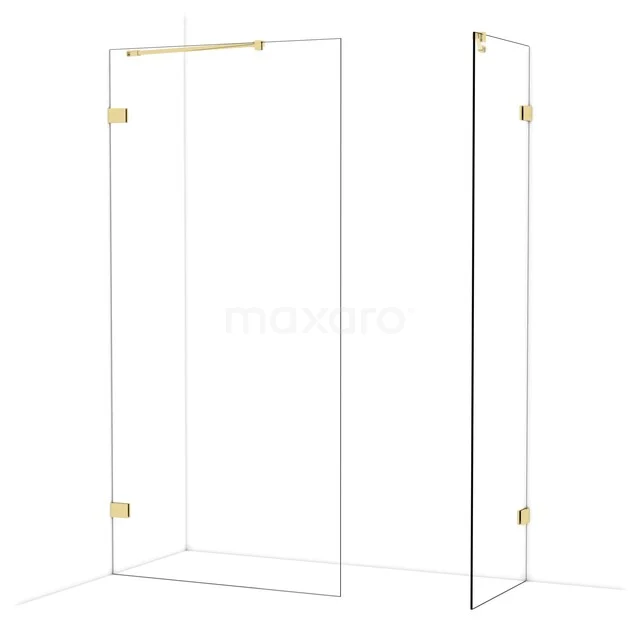 Glazen douchewand met gouden scharnieren, minimalistisch design, ideaal voor een stijlvolle en moderne badkamer.