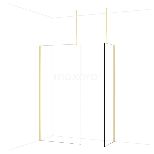 Glass shower wall with gold details, sleek design and minimalist profile, perfect for a luxury bathroom interior.