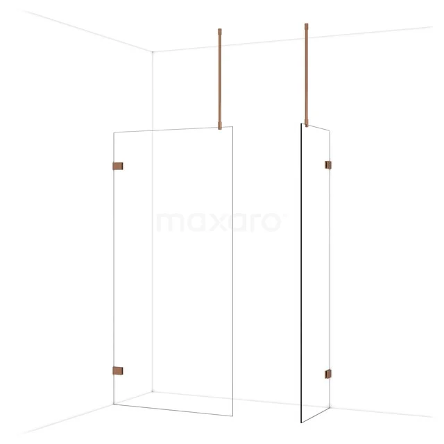 Hoekdouchewand met mat koper scharnieren, helder glas en minimalistisch design, ideaal voor een moderne badkamer.