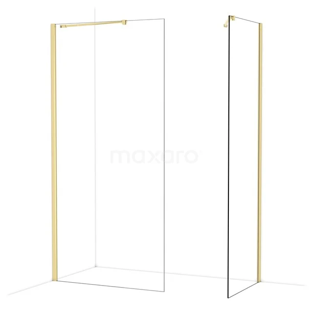 Diamond Walk-in shower | 100x70 cm Glossy light gold Clear glass 2 fixed walls IDB1007410GLG Gouden hoekdouchewand met transparant glas, minimalistisch design, ideaal voor een moderne badkamerstijl.