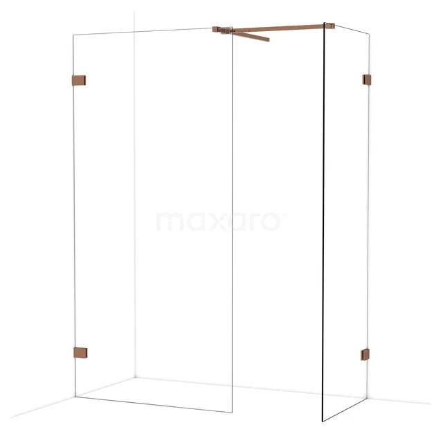 Duschwand aus Klarglas mit kupferfarbenen Akzenten, stilvolles und modernes Design für ein luxuriöses Badezimmer.