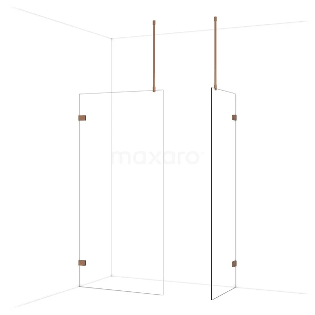 Transparante glazen douchewand met koperkleurige details, geschikt voor moderne badkamers.