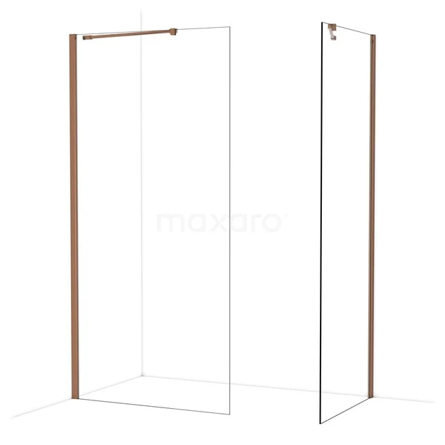 Glazen douchewand met koperkleurige profielen, minimalistisch design, perfect voor een moderne badkamer.