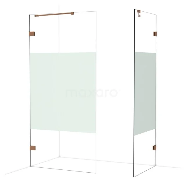 Glazen douchewand met mat privacygedeelte, hoekopstelling, roestvrijstalen scharnieren, ideaal voor een moderne badkamer.