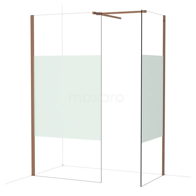 Douchewand met koperkleurige profielen, matglas en open design; stijlvolle toevoeging aan een moderne badkamer.