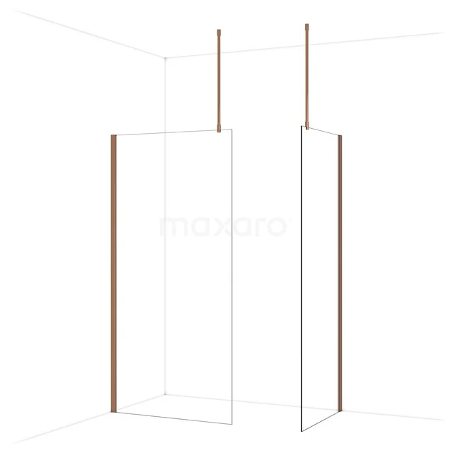 Douchewand met minimalistisch design, helder glas en koperen accenten. Ideaal voor een moderne badkamer.