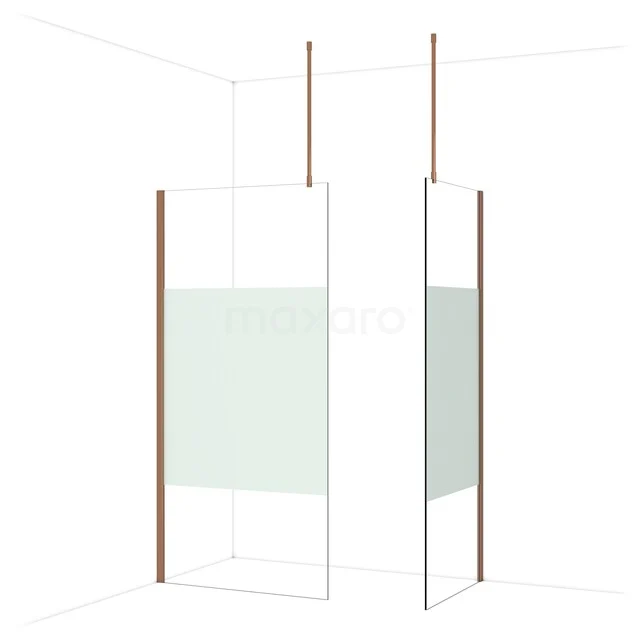 Minimalistische Duschwand mit kupferfarbenen Akzenten, Glasplatte und matt weißen Details für ein stilvolles und modernes Badezimmer.