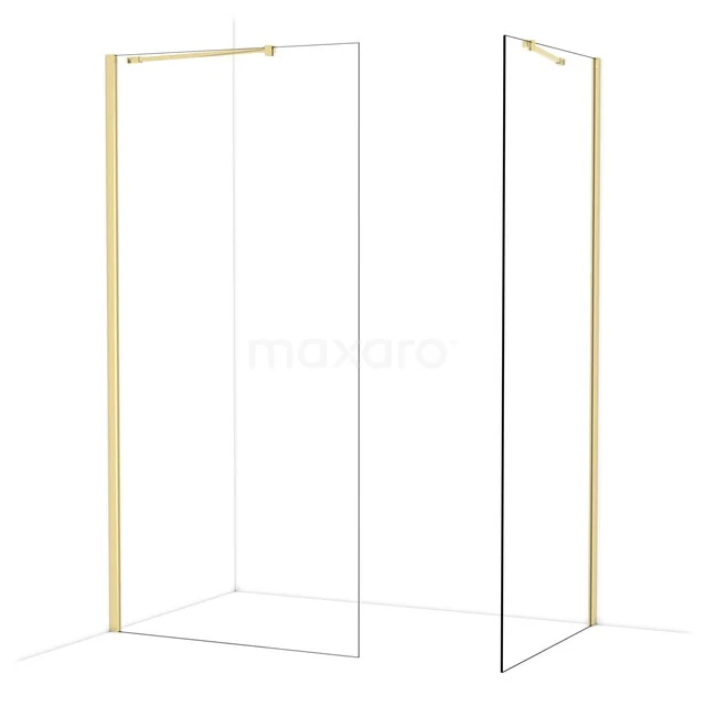 Gouden hoekdouchewand met helder glas en minimalistisch design, geschikt voor moderne badkamers.