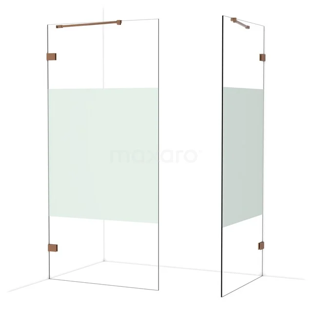 Glas Duschwand mit Mattglas-Detail und Kupferakzenten, modernes Design, perfekt für eine stilvolle Badezimmergestaltung.