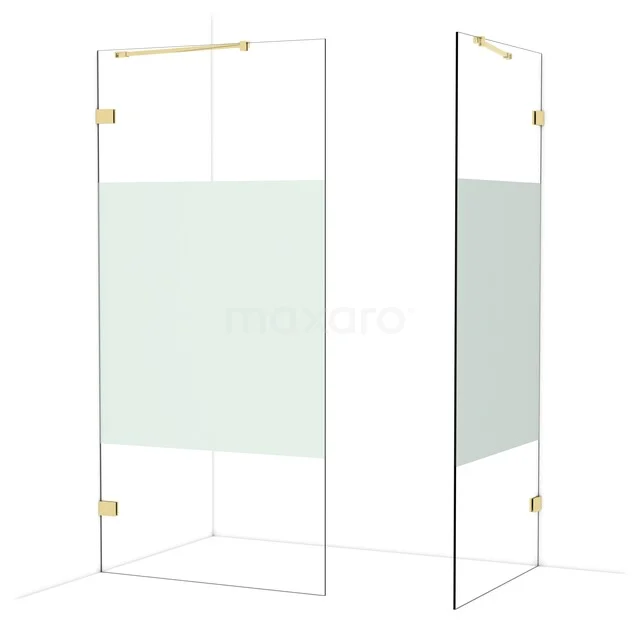 Glass shower wall with matte white panel, gold-coloured details, ideal for stylish bathroom decor.