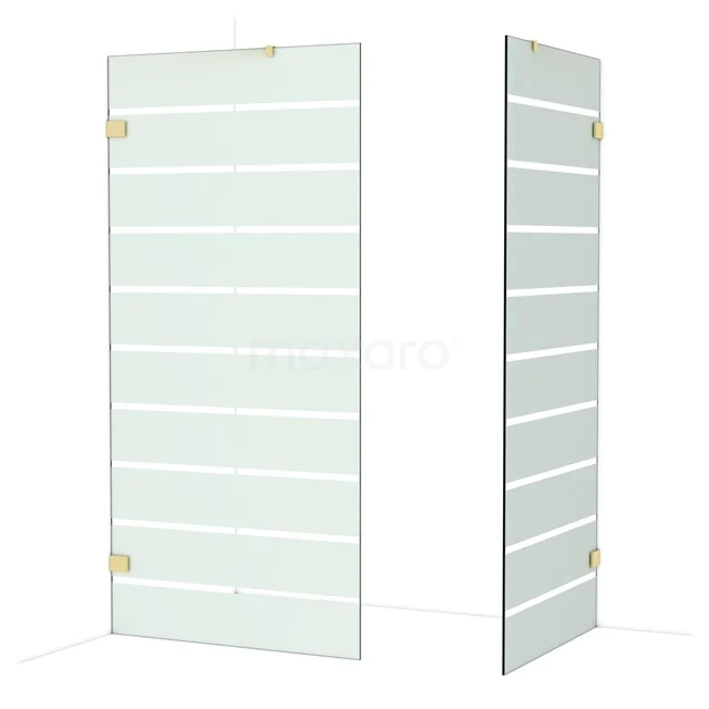 Glass shower door with horizontal frosted strips, chrome hinges, sleek design, perfect for a modern bathroom.