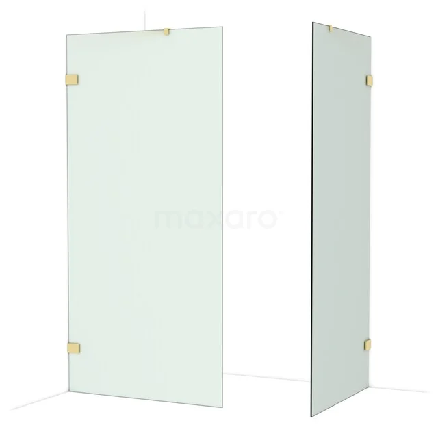 Glas Duschwand mit goldfarbenen Scharnieren, Klarglas und minimalistischem Design für moderne Badezimmergestaltung.
