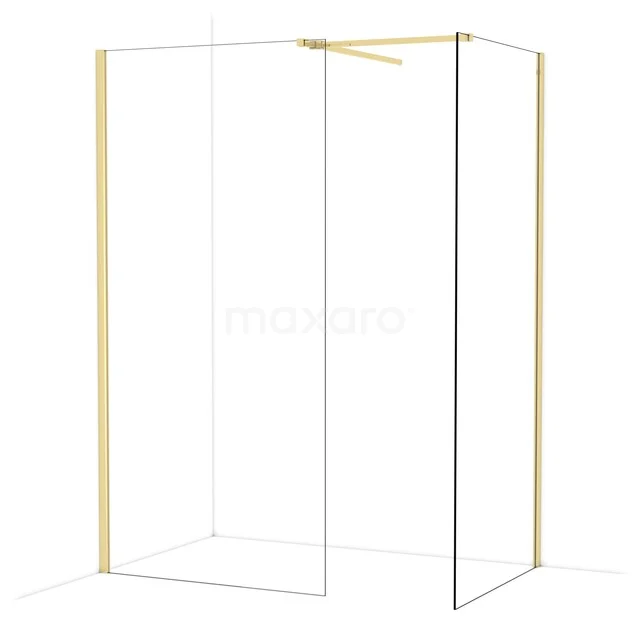 Gouden douchewand met minimalistisch design, helder glas en strakke lijnen, perfect voor een moderne badkamerinrichting.