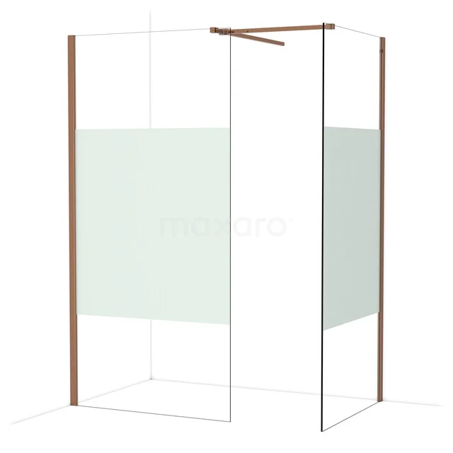 Douchewand met koperkleurig frame, glas en mat witte strook, ideaal voor moderne badkamerinrichting.