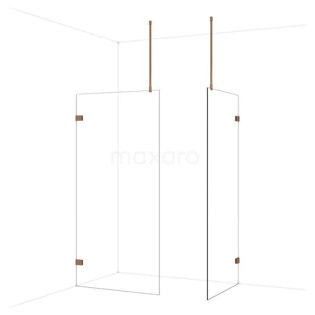 Diamond begehbare Dusche | 100x90 cm Glänzendes Kupfer 2 feste Wände IDB1009920GKP Begehbare Dusche mit Glaswänden, minimalistisches Design, Matt Schwarz Profile und Stabilisationsstangen; modern für jedes Badezimmer.