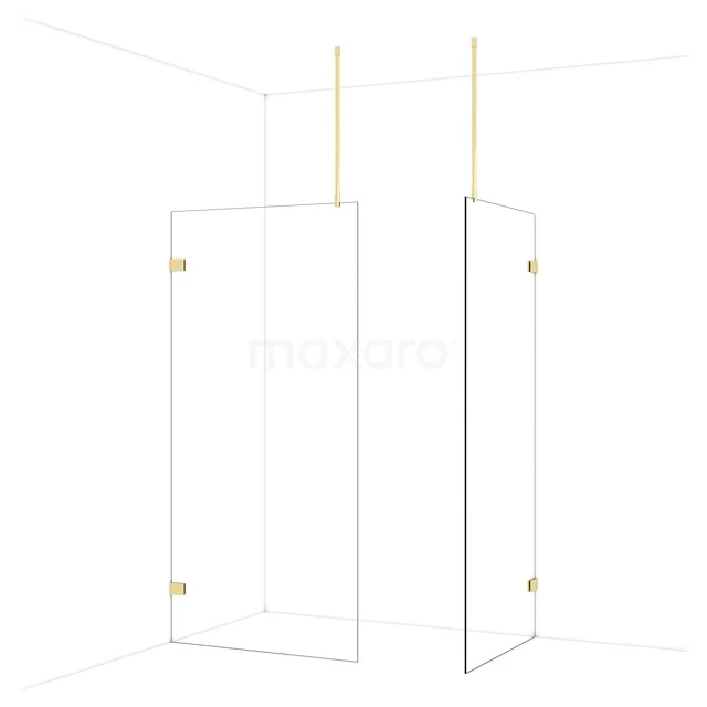 Douchewand met deur, minimalistisch design, goudkleurige scharnieren, glas, ideaal voor een moderne badkamer.