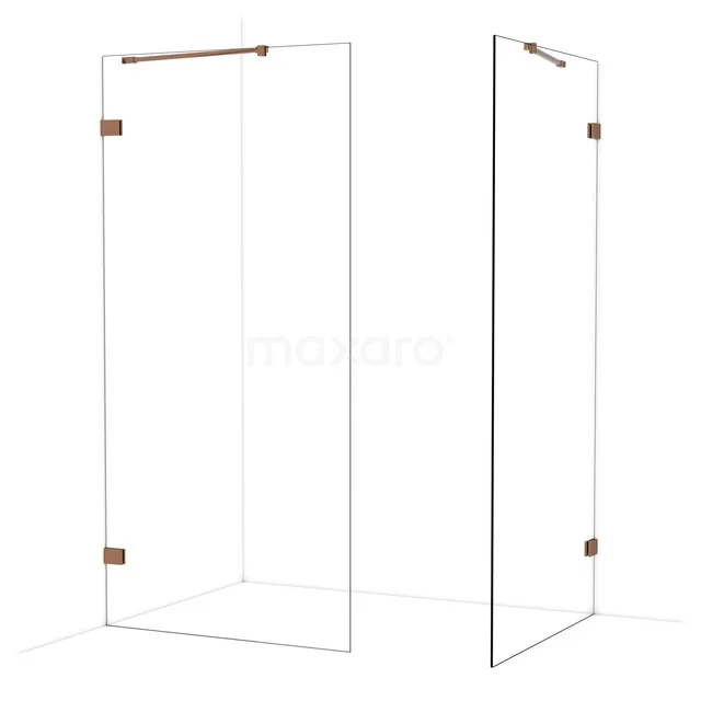 Transparante glazen douchewand met goudkleurige scharnieren, minimalistisch design voor een stijlvolle badkamer.