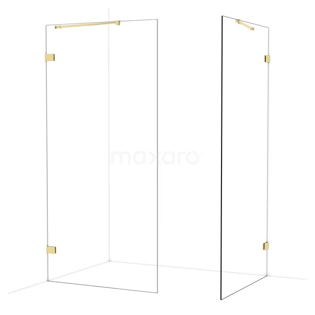 Glazen douchewand met gouden scharnieren, modern design, ideaal voor stijlvolle badkamerinrichting.