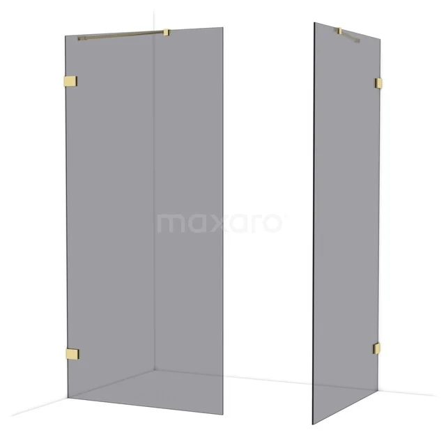 Corner shower screen made of clear glass with gold-coloured hinges, ideal for luxury bathroom decor.