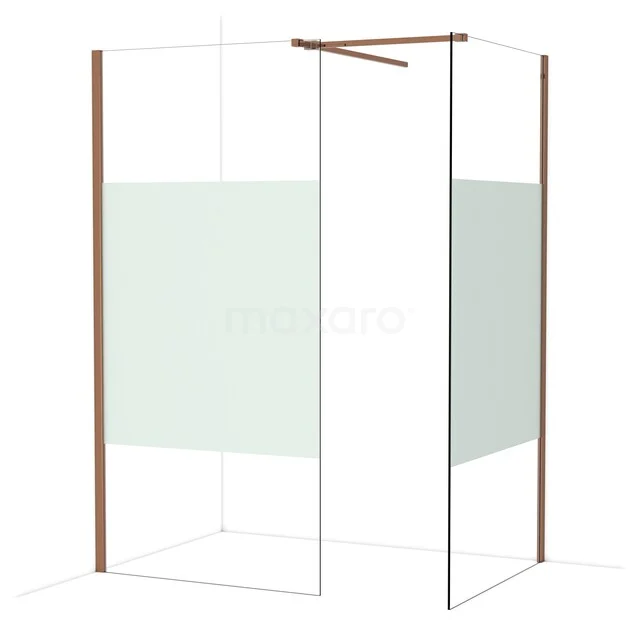 Douchewand met koperkleurige profielen, transparant glas en matte strook, ideaal als moderne scheidingswand voor de badkamer.