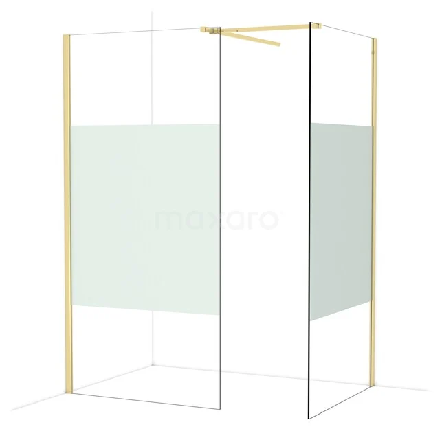 Douchewand met goudkleurig frame, matglas en open design, ideaal als stijlvolle scheidingswand in moderne badkamers.