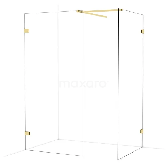 Glass shower wall with gold details, modern corner setup, ideal for a stylish bathroom decor.