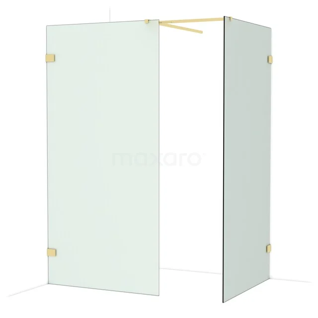 Duschwand aus Klarglas mit goldfarbenen Profilen und Halterungen, modernes Design für ein stilvolles Badezimmer.